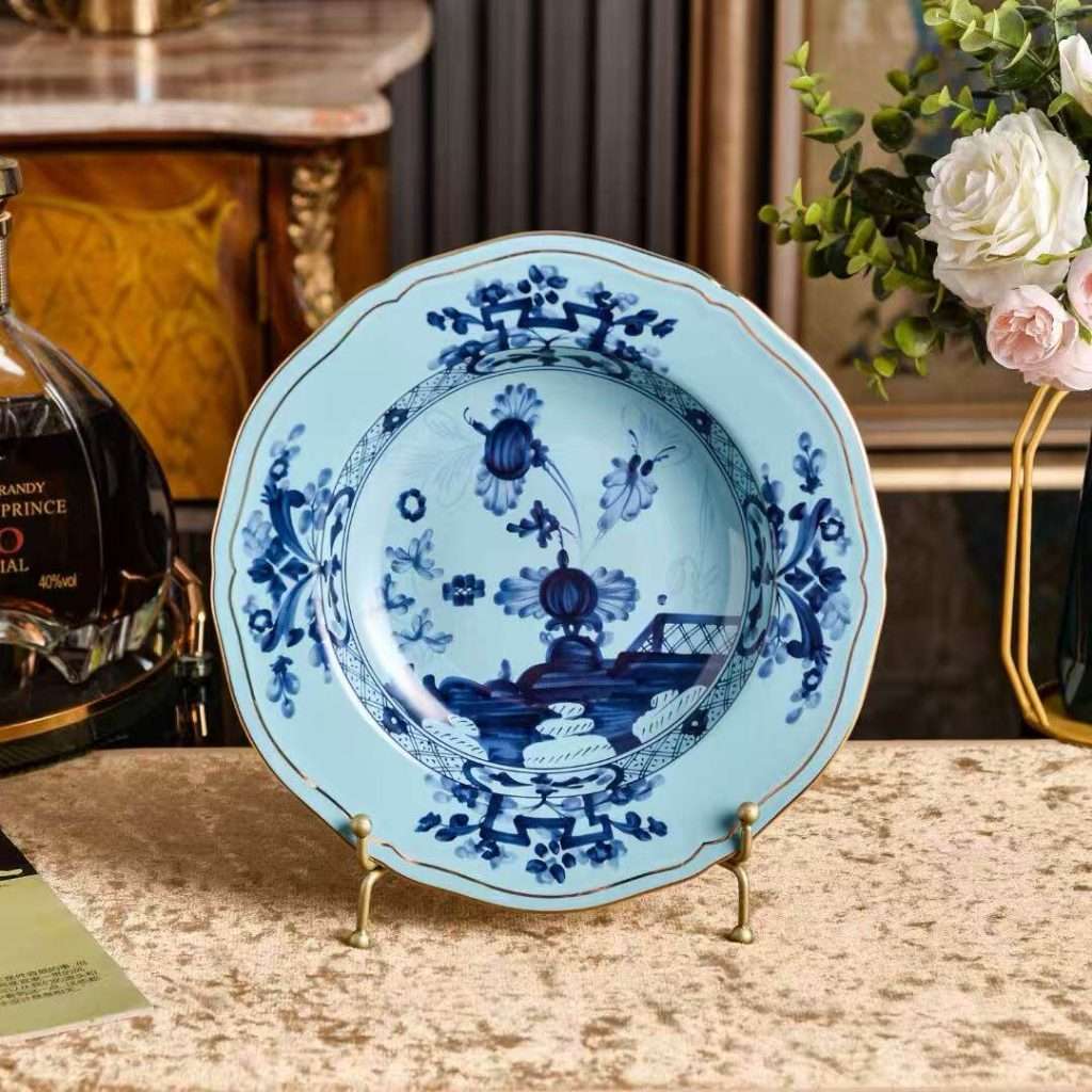 15 Inch Blue and White Ceramic Pedestal Plate