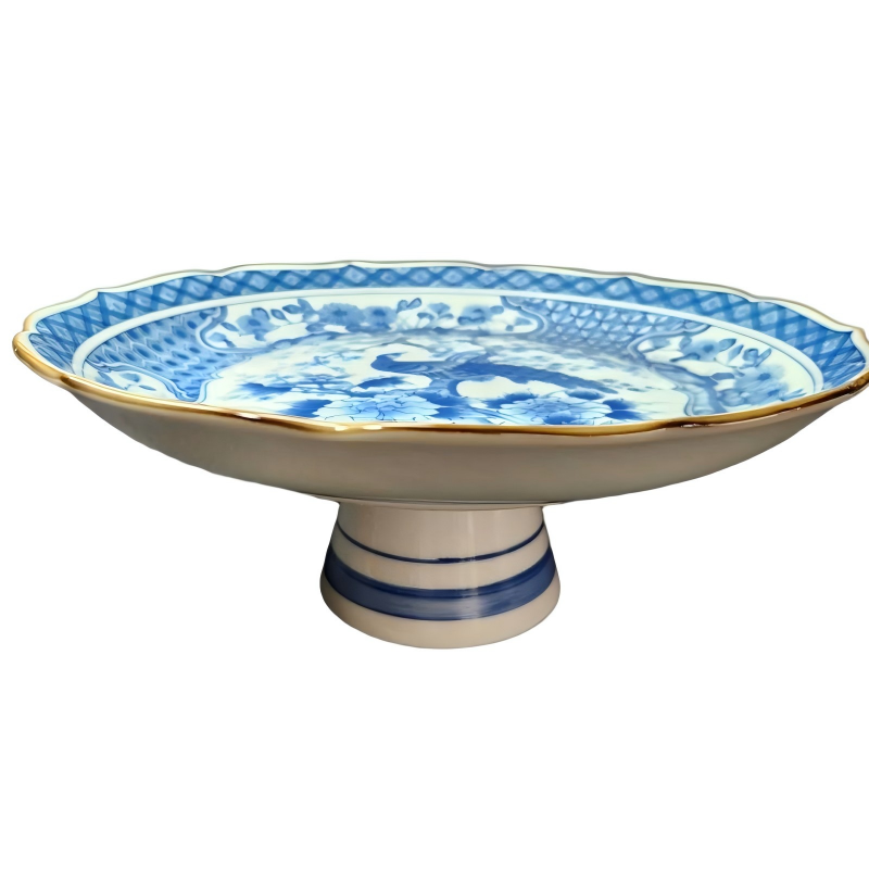 15 Inch Blue and White Ceramic Pedestal Plate